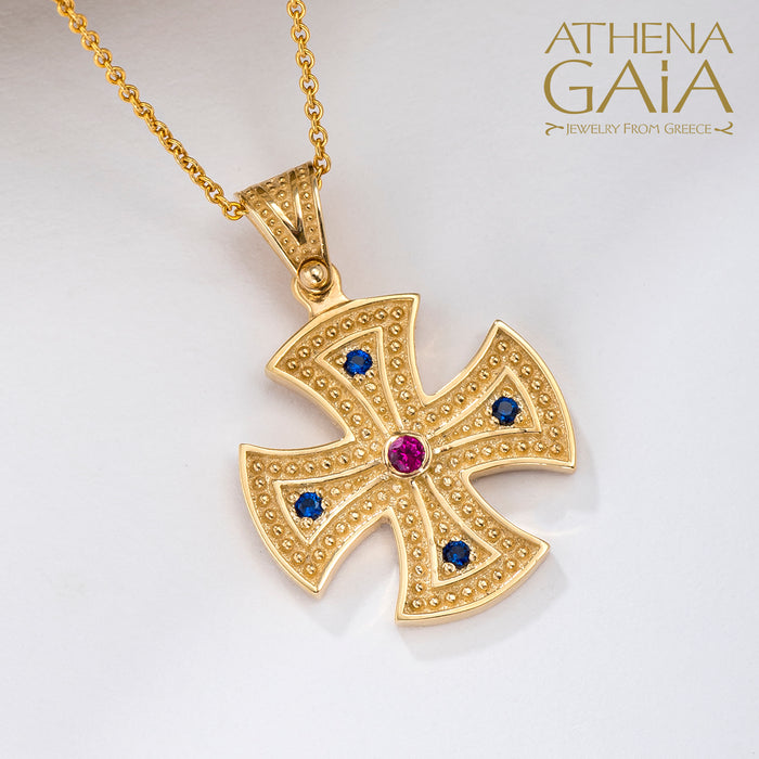 Al'Oro Beaded 5 Stone Maltese Cross