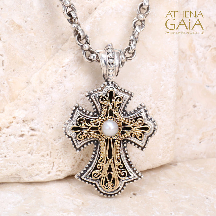 Open Filigree Flared Western Cross with a Pearl