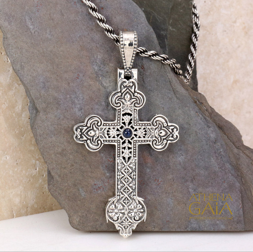 intricate filigree orthodox cross in sterling silver with rope chain