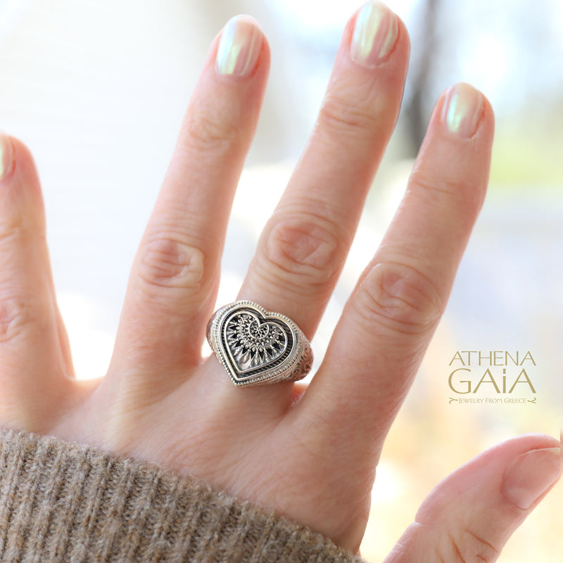 Heart Dream Catcher Talisman Ring - Sterling Silver - Signet Ring