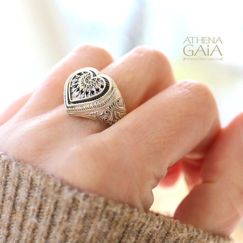 Heart Dream Catcher Talisman Ring - Sterling Silver - Signet Ring