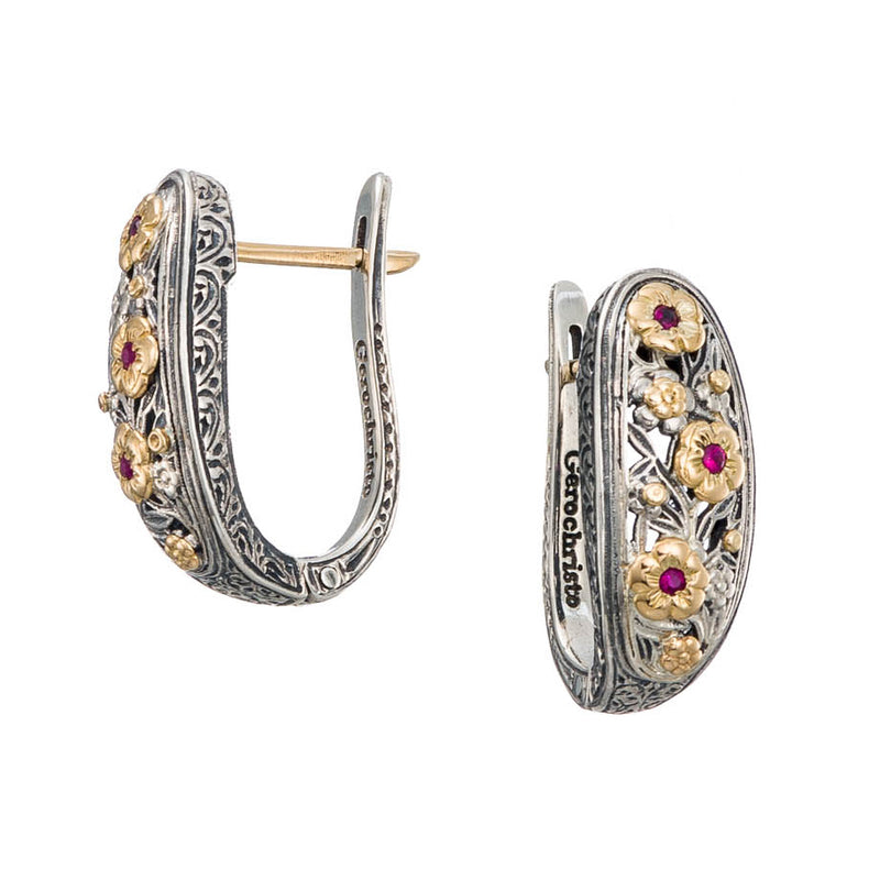 Meadow Shadows Ruby Flower Half Earrings - 18k Gold & Sterling Silver - Hoop Earrings