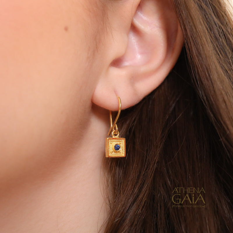 Sapphire Byzantine Embroidery Small Square Earrings - 18k Gold - French Wire Earrings (In-Stock)