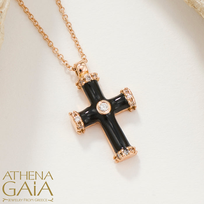 18k Gold Enamel Latin Cross with Diamonds