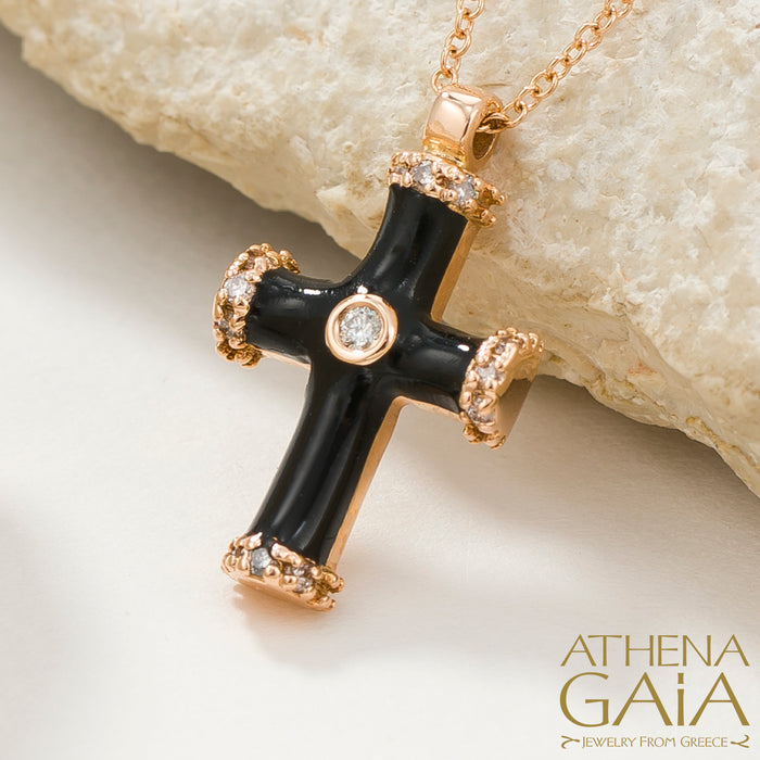 18k Gold Enamel Latin Cross with Diamonds