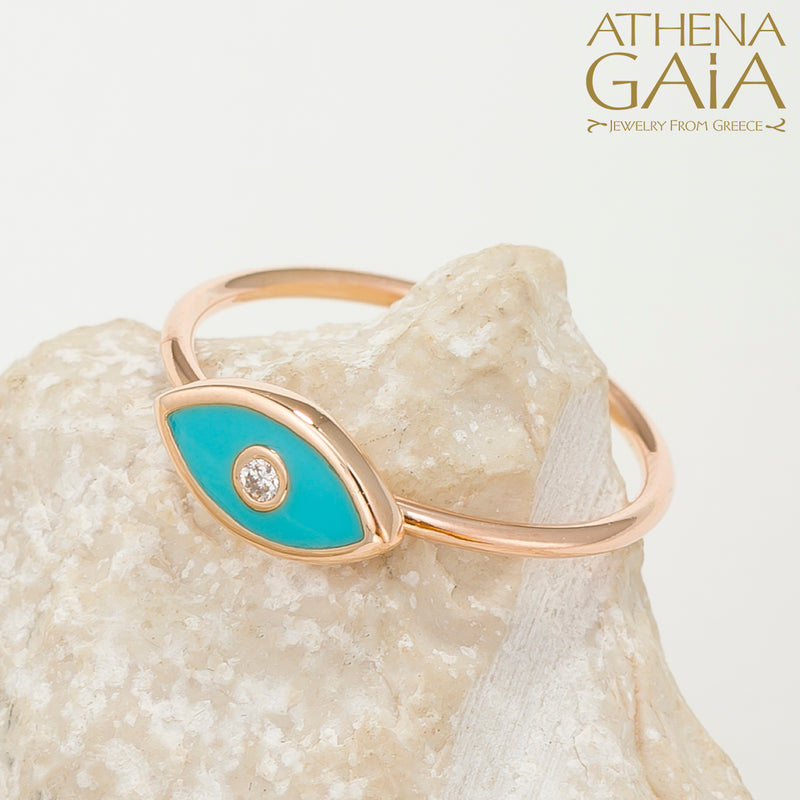 Enamel Mati With Diamond Ring - 14k Gold Ring - Evil Eye Ring