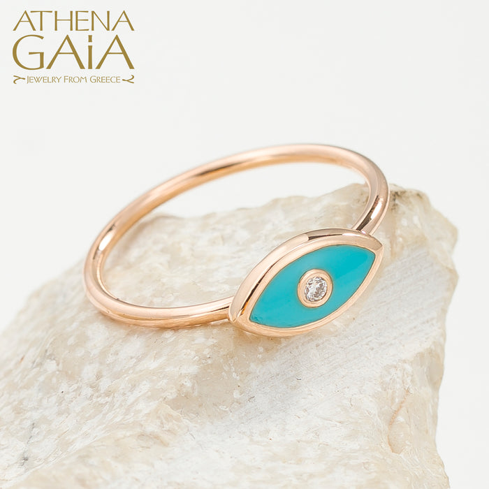 18k Gold Enamel Mati Ring with Diamond