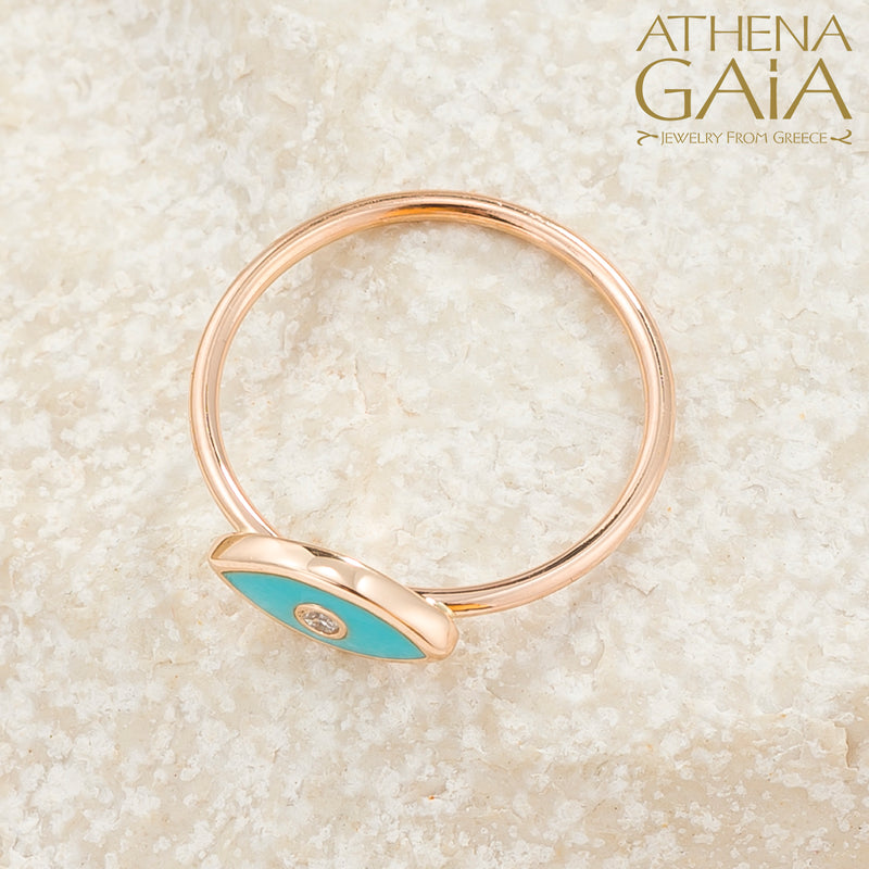 Enamel Mati With Diamond Ring - 14k Gold Ring - Evil Eye Ring