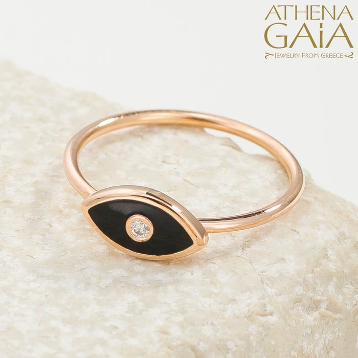 18k Gold Enamel Mati Ring with Diamond