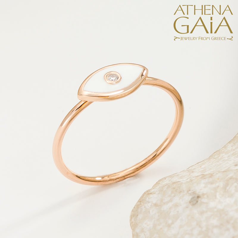 Enamel Mati With Diamond Ring - 14k Gold Ring - Evil Eye Ring