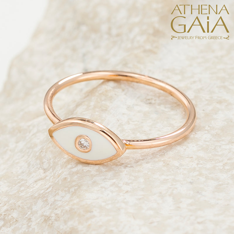Enamel Mati With Diamond Ring - 14k Gold Ring - Evil Eye Ring