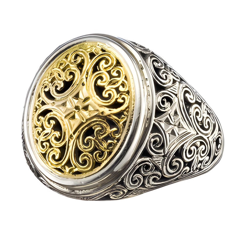 Mediterranean Oval Face Ring - 18k Gold & Sterling Silver Ring - Club Ring