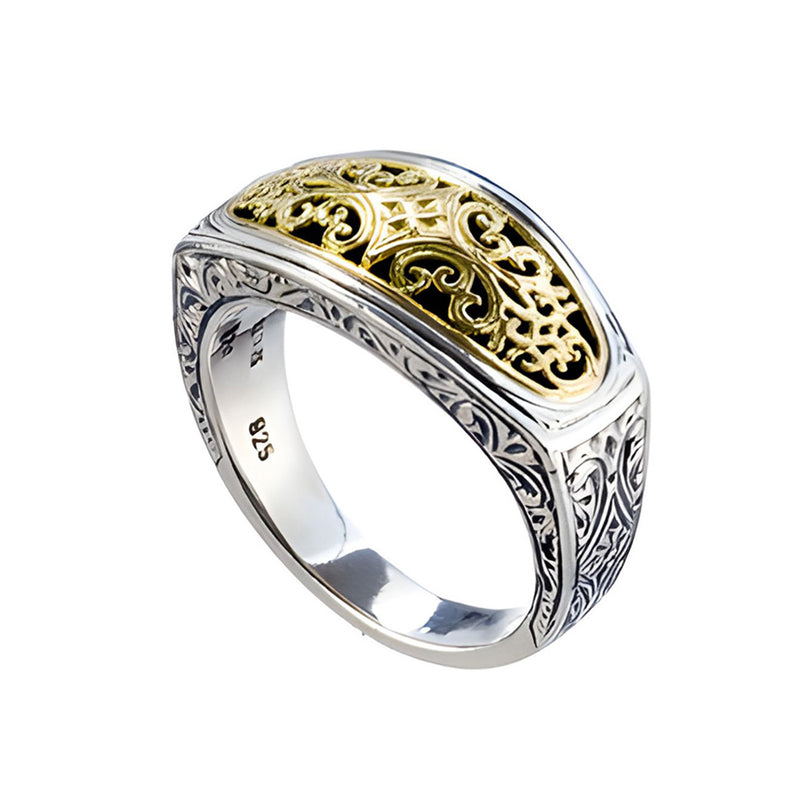 Mediterranean Gold Face Ring - 18k Gold & Sterling Silver Ring - Stackable Ring