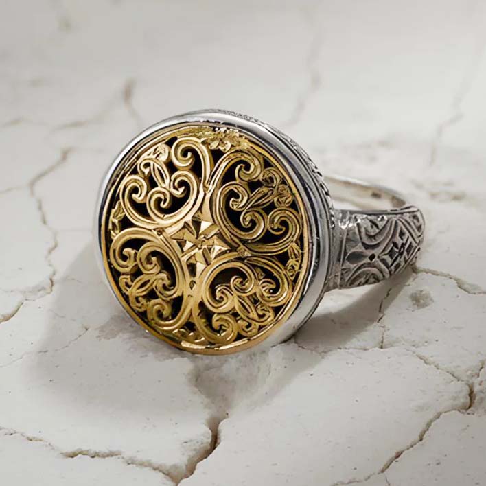 Mediterranean Round Ring - 18k Gold & Sterling Silver Ring - Signet Ring