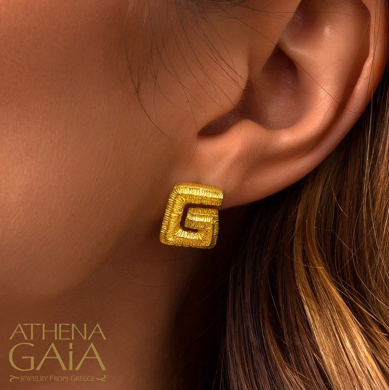 Meander Gold Earrings - 18k Gold Earrings - Post Earrings