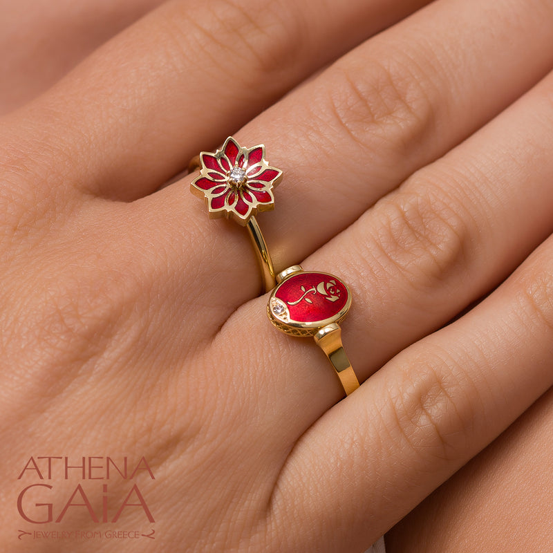 Stars Single Flower Enamel with Diamond Ring - 18k Gold Ring