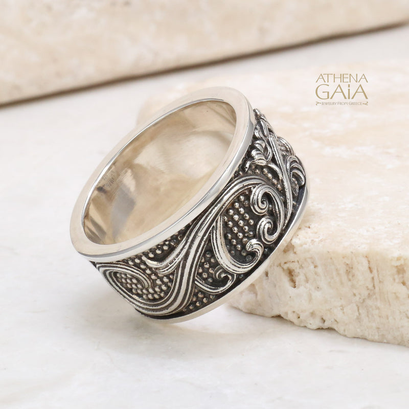 Floral Digital Ring - Sterling Silver Ring - Cigar Band Ring