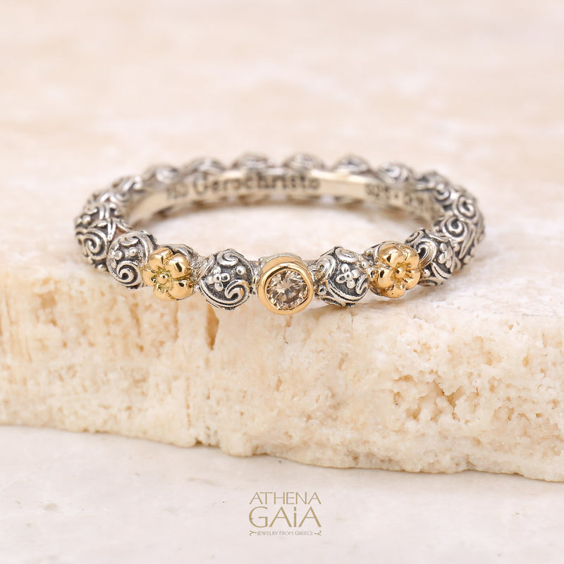 Wild Flowers Round Stone Accent Ring - 18k Gold & Sterling Silver Ring - Stackable Ring