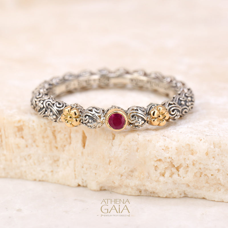 Wild Flowers Round Stone Accent Ring - 18k Gold & Sterling Silver Ring - Stackable Ring