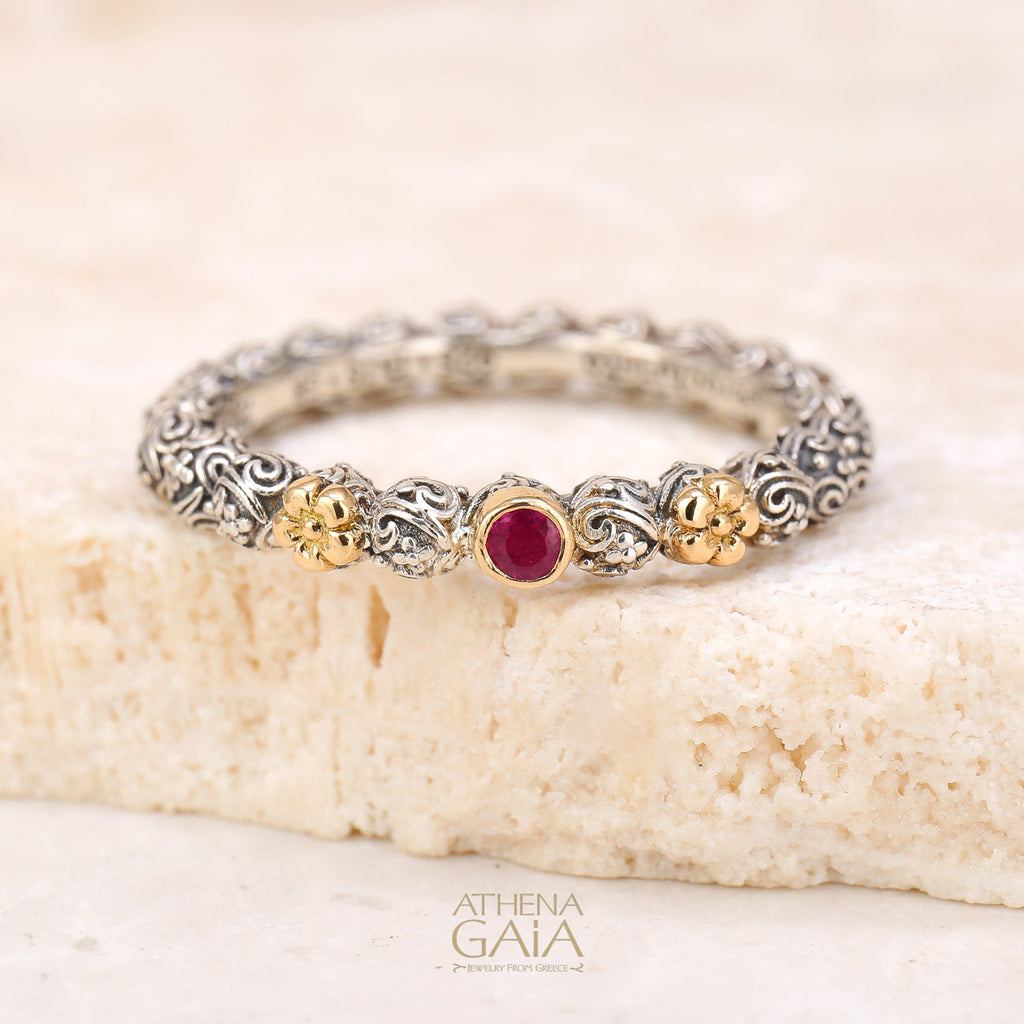 Wild Flowers Round Stone Accent Ring - 18k Gold & Sterling Silver Ring - Stackable Ring