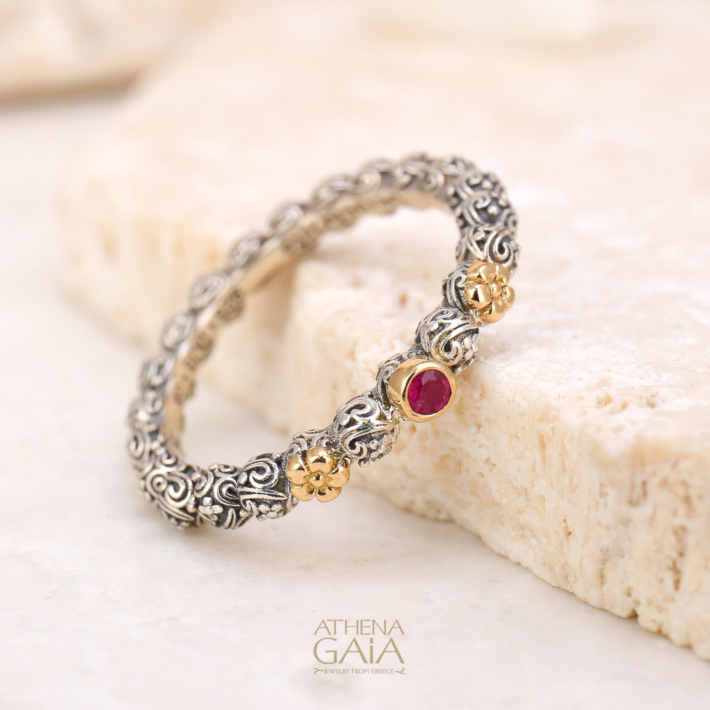 Wild Flowers Round Stone Accent Ring - 18k Gold & Sterling Silver Ring - Stackable Ring