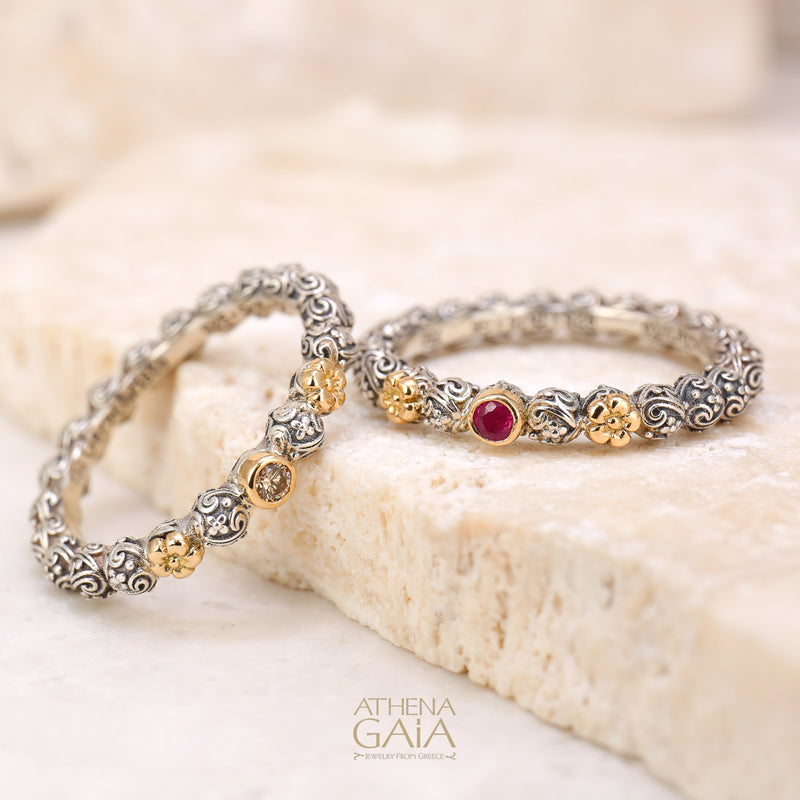 Wild Flowers Round Stone Accent Ring - 18k Gold & Sterling Silver Ring - Stackable Ring