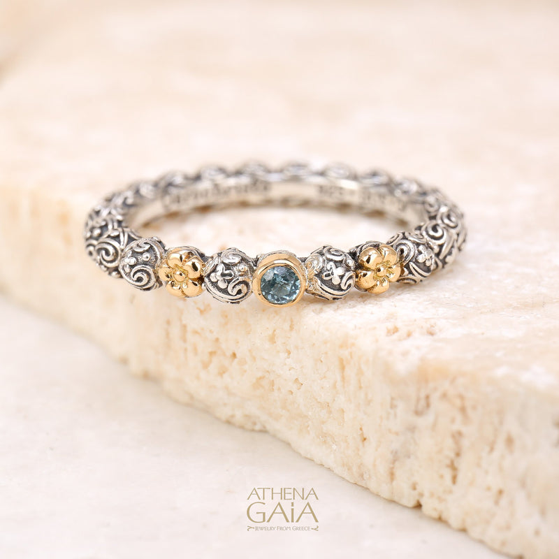 Wild Flowers Round Stone Accent Ring - 18k Gold & Sterling Silver Ring - Stackable Ring