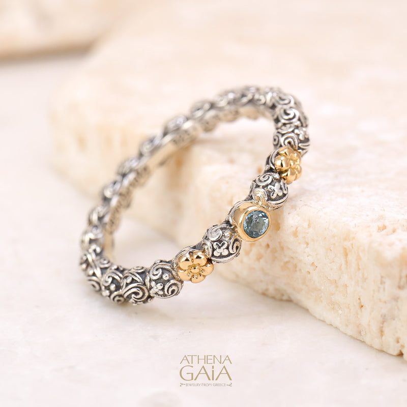 Wild Flowers Round Stone Accent Ring - 18k Gold & Sterling Silver Ring - Stackable Ring