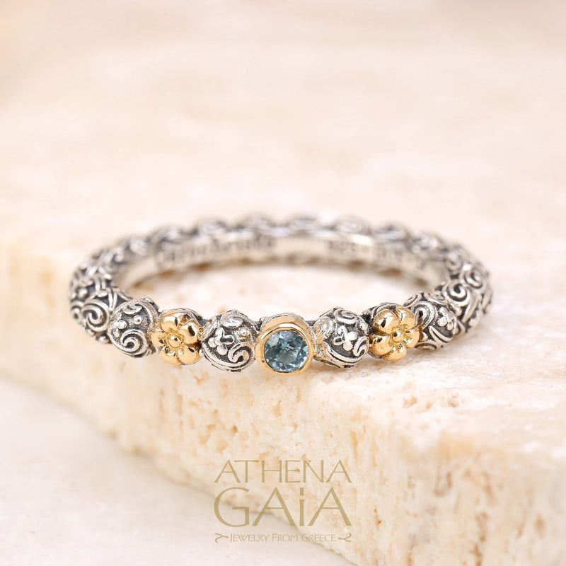 Wild Flowers Round Stone Accent Ring - 18k Gold & Sterling Silver Ring - Stackable Ring