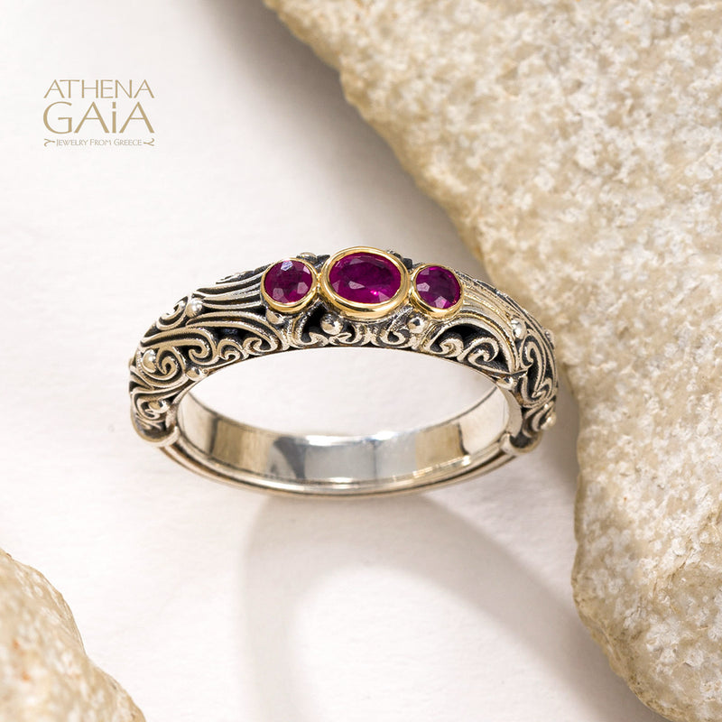 Kynthia Triple Stone Band Ring - 18k Gold & Sterling Silver Ring - Stackable Ring