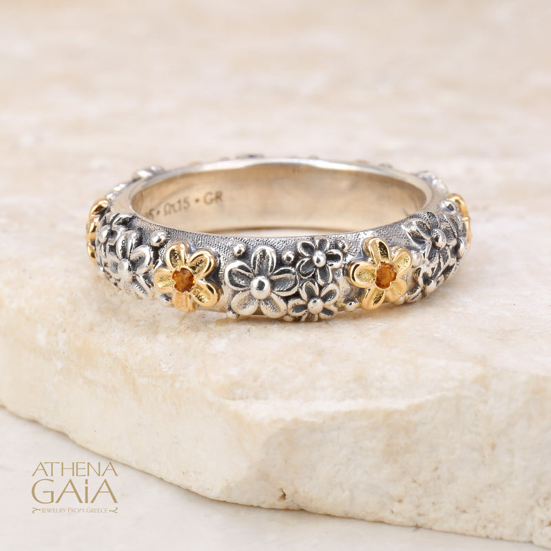 Wild Flowers Stone Band Ring - 18k Gold & Sterling Silver Ring - Stackable Ring