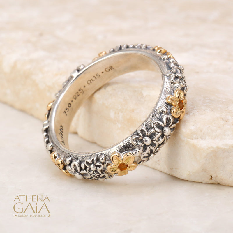 Wild Flowers Stone Band Ring - 18k Gold & Sterling Silver Ring - Stackable Ring (In-Stock)