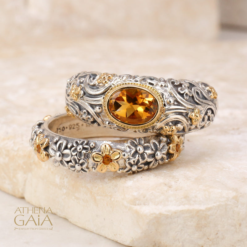 Wild Flowers Stone Band Ring - 18k Gold & Sterling Silver Ring - Stackable Ring (In-Stock)