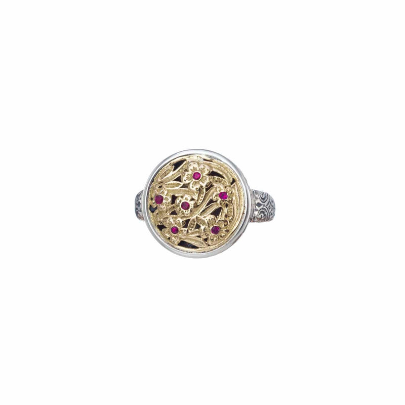 Harmony Gyros with Rubies Ring - 18k Gold & Sterling Silver Ring - Signet Ring