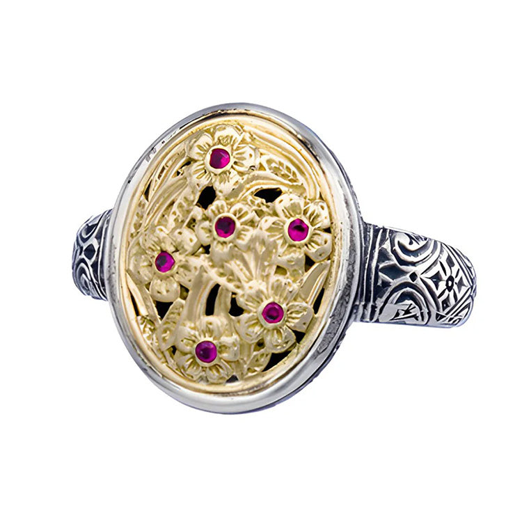 Meadow Shadows Gold Faced Ruby Oval Ring - 18k Gold & Sterling Silver Ring - Cocktail Ring