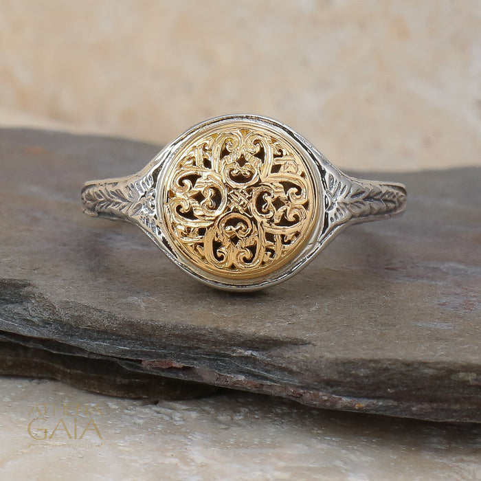 Mediterranean Round Pinky Ring - 18k Gold & Sterling Silver Ring - Signet Ring