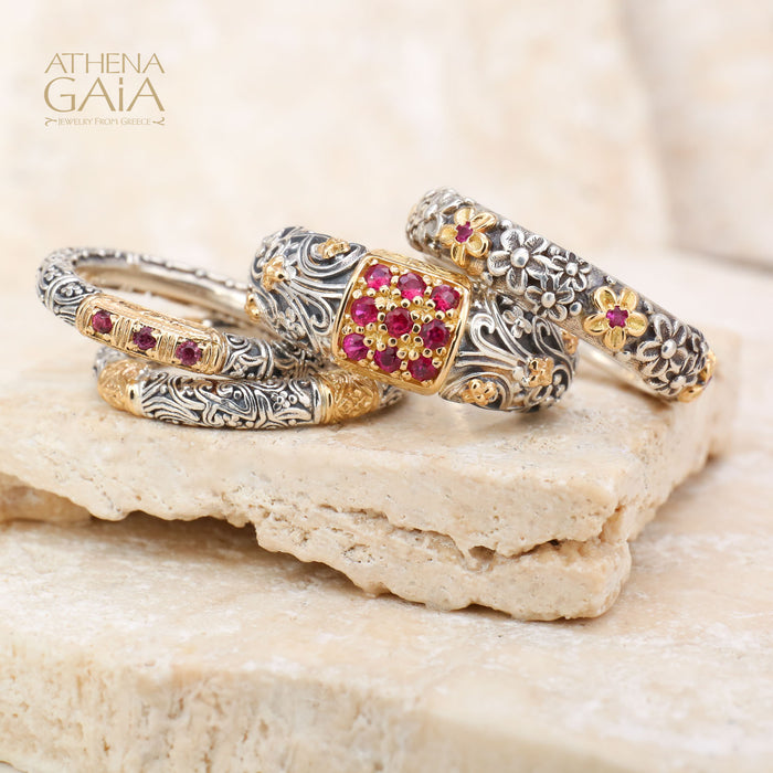 Meadow Breeze Stone Field Band Ring - 18k Gold & Sterling Silver Ring - Stackable Ring