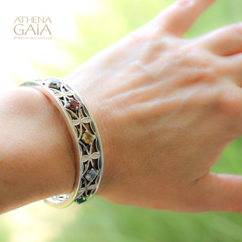 Stone and Leaf Bracelet - Sterling Silver - Cuff Bracelet