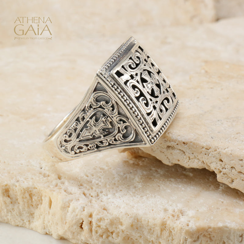 Garden Shadows Cross Synergy Ring - Sterling Silver Ring - Club Ring