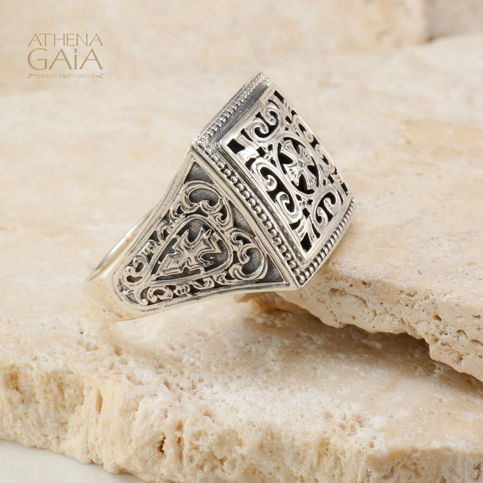 Garden Shadows Cross Synergy Ring - Sterling Silver Ring - Club Ring