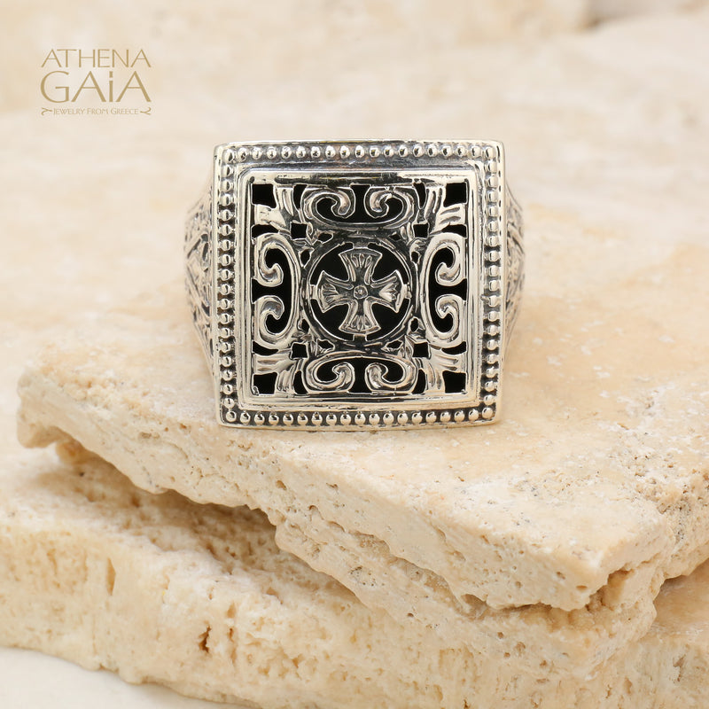 Garden Shadows Cross Synergy Ring - Sterling Silver Ring - Club Ring