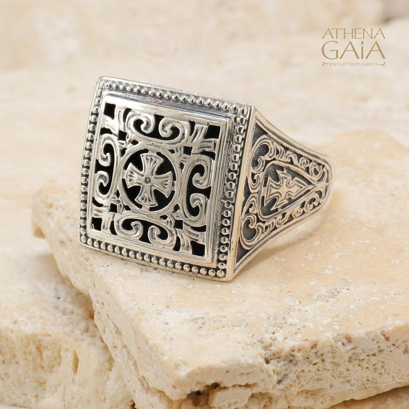 Garden Shadows Cross Synergy Ring - Sterling Silver Ring - Club Ring