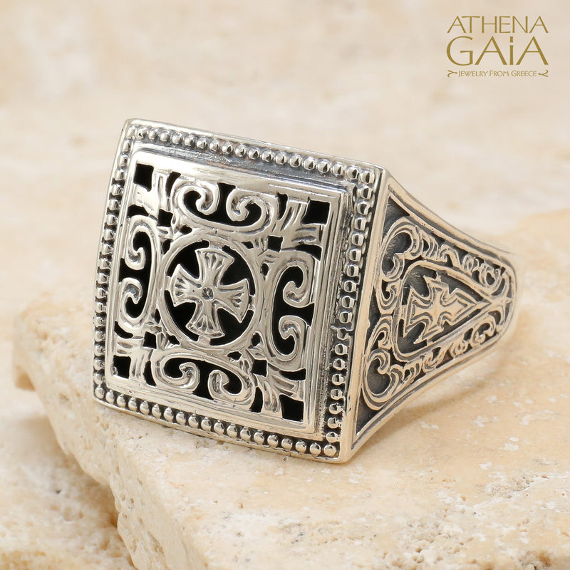 Garden Shadows Cross Synergy Ring - Sterling Silver Ring - Club Ring