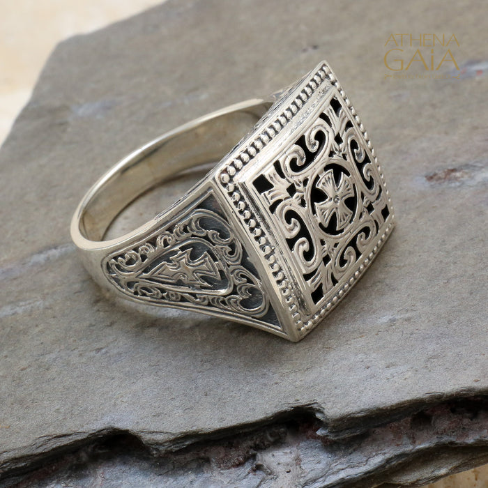 Garden Shadows Cross Synergy Ring - Sterling Silver Ring - Club Ring
