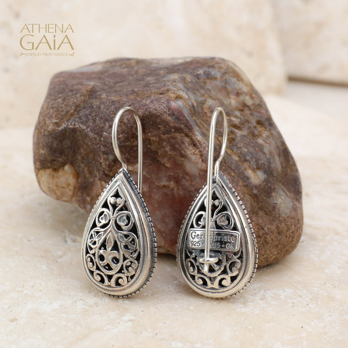 Garden Shadows Filigree Drop Earrings - Sterling Silver - French Wire Earrings