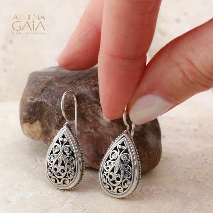 Garden Shadows Filigree Drop Earrings - Sterling Silver - French Wire Earrings