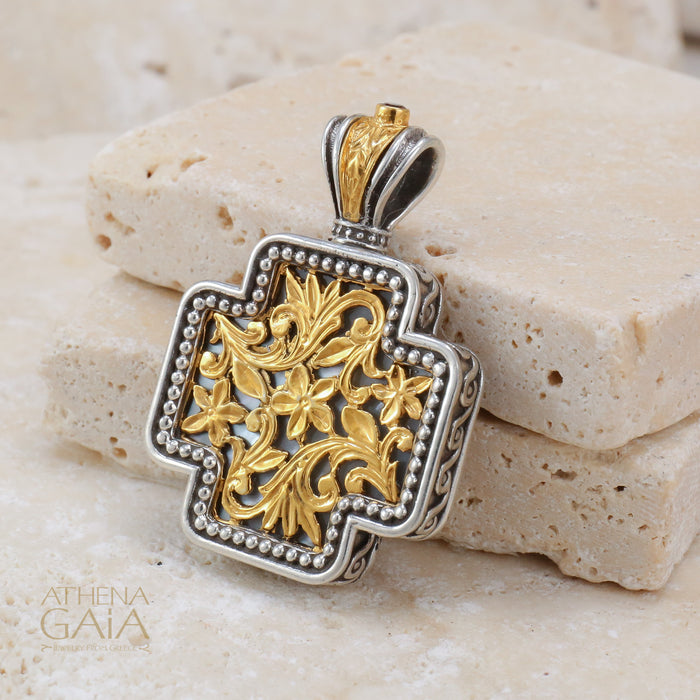 Floral Squared Greek Cross - Gold Plated Sterling Silver - Orthodox Cross Necklace