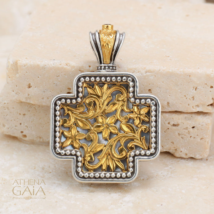 Floral Squared Greek Cross - Gold Plated Sterling Silver - Orthodox Cross Necklace