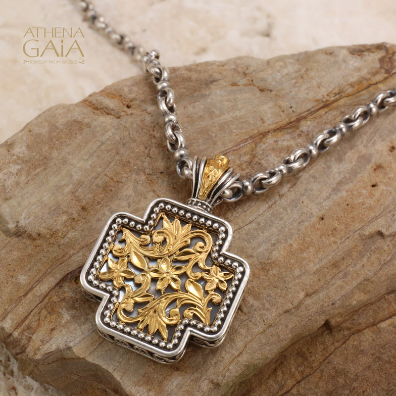 Floral Squared Greek Cross - Gold Plated Sterling Silver - Orthodox Cross Necklace