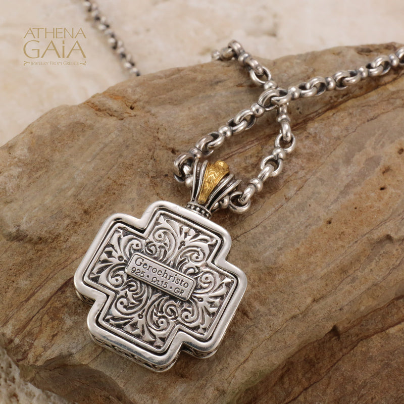Floral Squared Greek Cross - Gold Plated Sterling Silver - Orthodox Cross Necklace